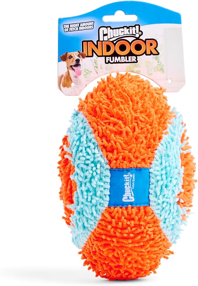 Chuckit! Indoor Fetch Fumbler Dog Toy - Soft Pet Toy for Dogs - Made with Durable, Lightweight, Plush Chenille Fabric - Great Alternative to Balls - 9.5-inch Diameter - Orange and Blue