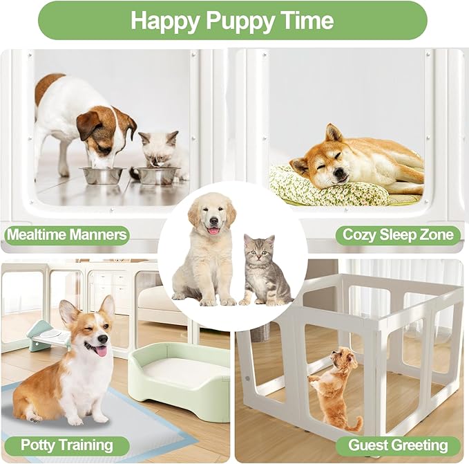Clear Acrylic Dog Playpen with Door, 23.6" Tall Pet Play Pen Indoor for Cat Bunny Small Animals, Transparent Puppy Fence Kennel Rabbit Ferret, Doggie Cages Yard Easy Assemble, White, 12PCS