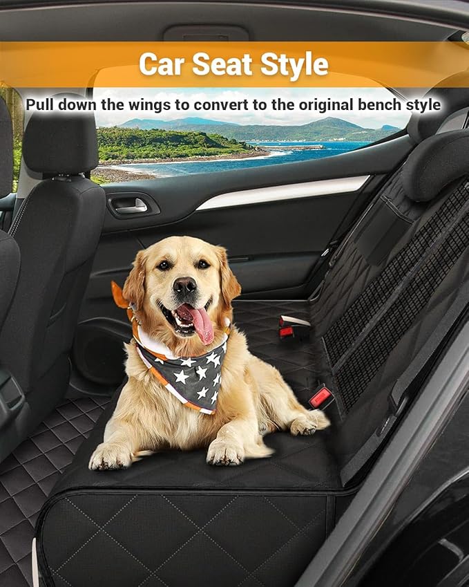 Dog Car Seat Cover, 600D Heavy Durable Dog Seat Cover for Back Seat, 100% Waterproof Scratch Proof Nonslip Dog Hammock for Car with Side Flap, Pet Back Seat Covers for Car with Seatbelt Black