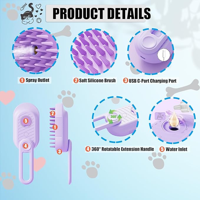 Steam Brush for Cats Dog Fur Misting Brush Rabbit Brush for Shedding Grooming with Charging Cable and Collapsible Handle ALD-002-P (Purple)