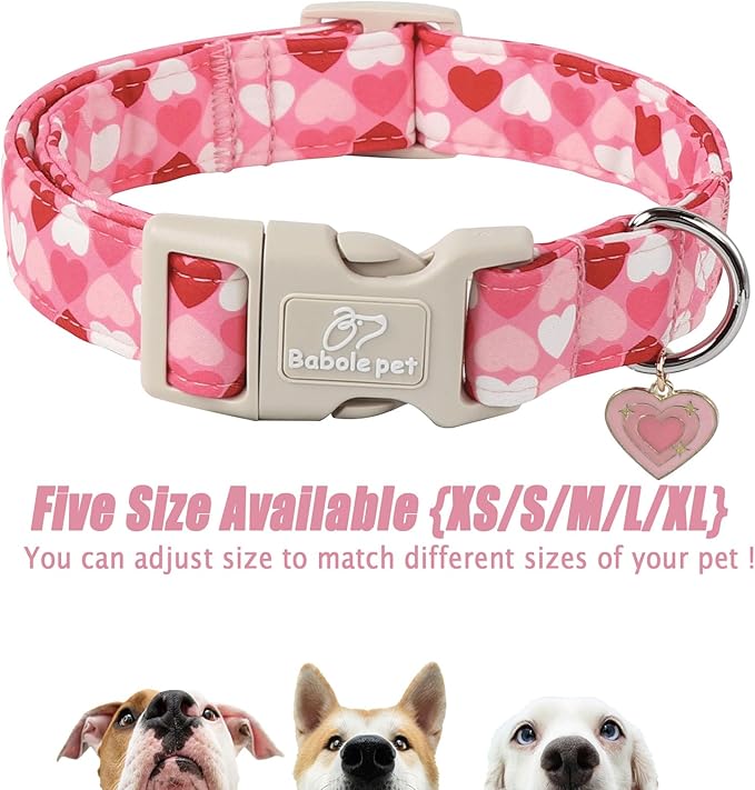 Valentine's Day Dog Collar - Cute Pink Valentines Dog Collar Girl Boy Durable Adjustable Love Heart Pattern Charm Dog Collars for Small Medium Large Dogs XS