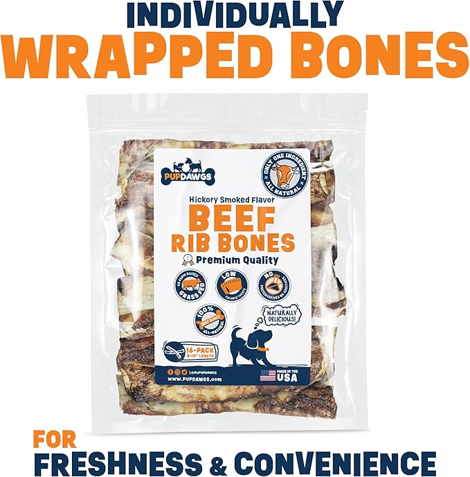 Single Ingredient Dog Bones - Made in USA – 8-10” Beef Rib Bones - Natural Dog Bones for Aggressive Chewers - from USDA Inspected Beef - Hickory Smoked - Individually Wrapped (16 Piece Pack)