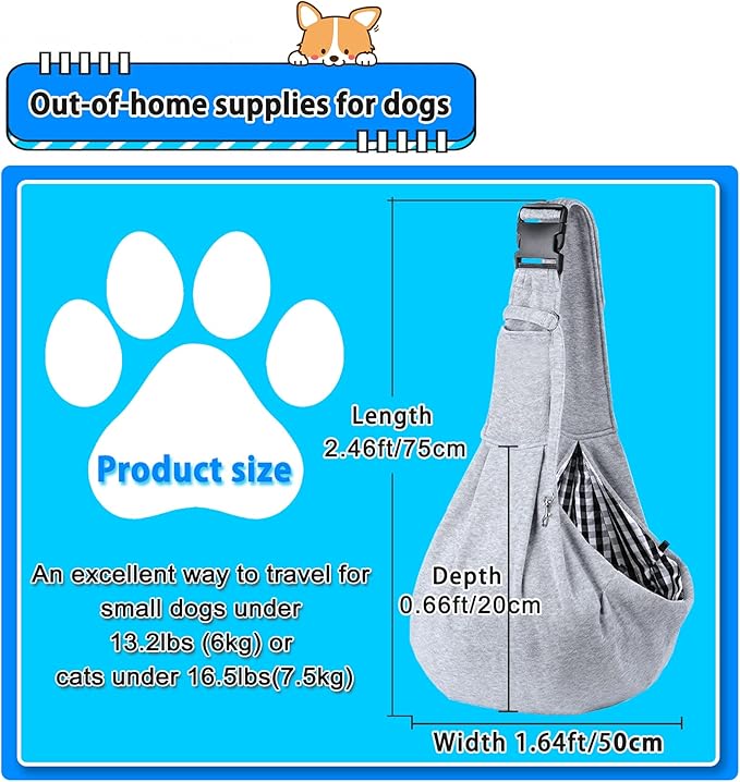 Kanemc Dog Sling Carrier for Small Dogs Cat Puppy Pets Up to 16.5lbs, Comfy Hard Bottom Support, Adjustable Padded Shoulder Strap, Hands-Free Dog Carrier Sling Bag for Outdoor Travel