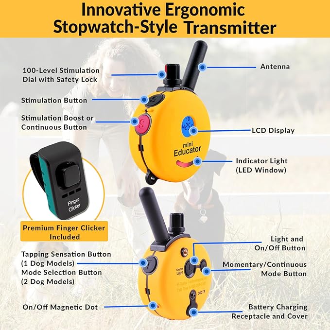 E-Collar – Educator ET-300-1/2 Mile Waterproof Remote Dog Training Collar Includes Premium Finger Clicker Trainer, 100 Programmable Levels + Vibration + Light + Sound