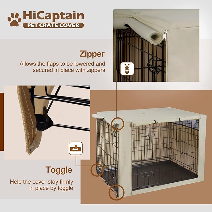 HiCaptain Dog Crate Cover for 54 Inches Wire Crates, Heavy-Duty Polyester Indoor Dog Kennel Cover Universal Fit for 1 2 Doors Standard Metal Cage (54 inches, Light Tan)