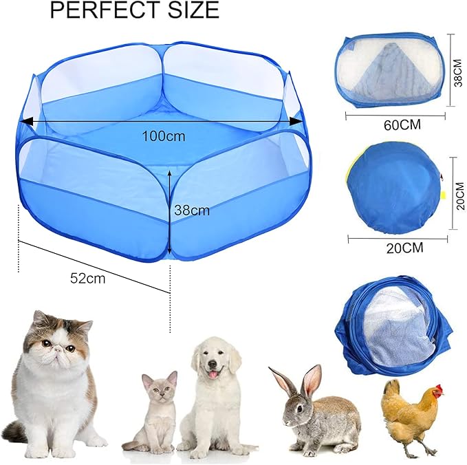 Small Animals Playpen, Breathable & Waterproof Pet Playpen Cage Tent Outdoor/Indoor Portable Fence Tent for Puppy/Kitten/Rabbits/Hamster/Chinchillas/Guinea Pig (Blue)