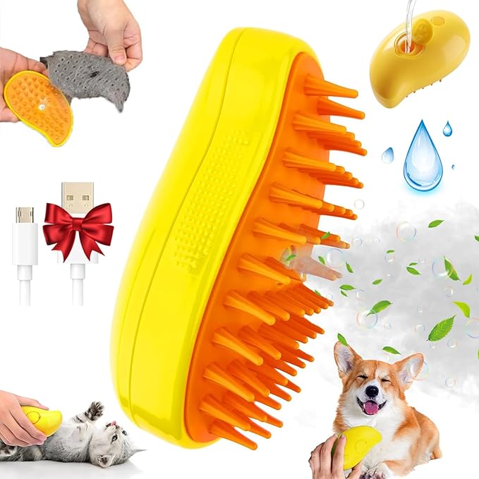 3 In 1 Silicone Pet Brush with Steaming Function - Self-Cleaning Cat Grooming Tool for Massage and Detangling (Yellow by Cat Steamy Brush)