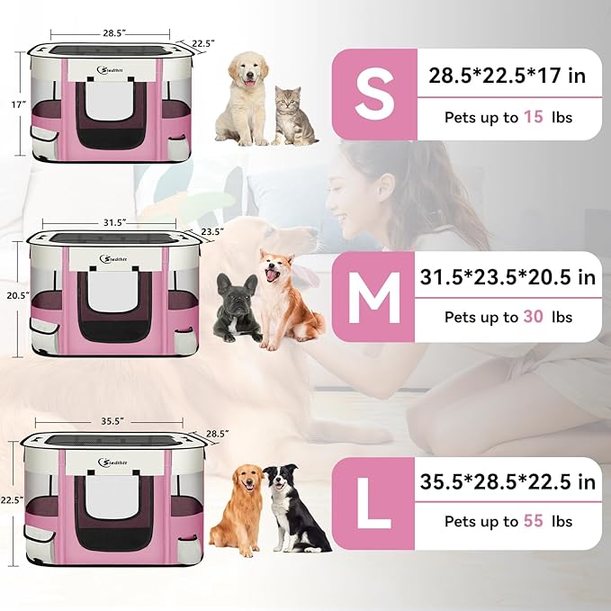 Dog Cat Playpen28/31/35in, Pet Puppy Portable Playpens for Outdoor Travel Crate, Indoor After Surgery Use, Foldable Dog Kennel Tent for Rabbit or Small Animals and Tent Stakes (Pink, Small)