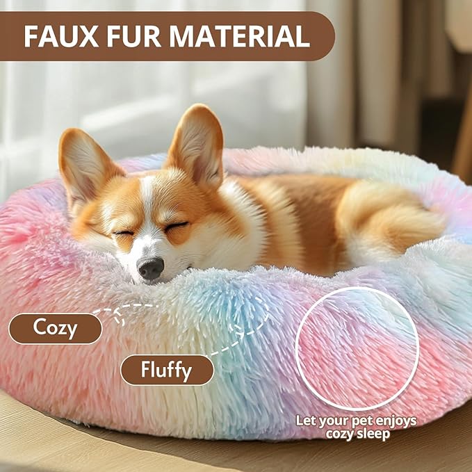 JOLLYVOGUE Dog Beds for Medium Dogs, Anti-Anxiety Washable Round Bed, Calming Donut Dog Cat Bed for Puppy Bed, Fluffy Dog Beds for Medium Dogs, Round Puppy Bed for Indoor Pet (28"/Rainbow