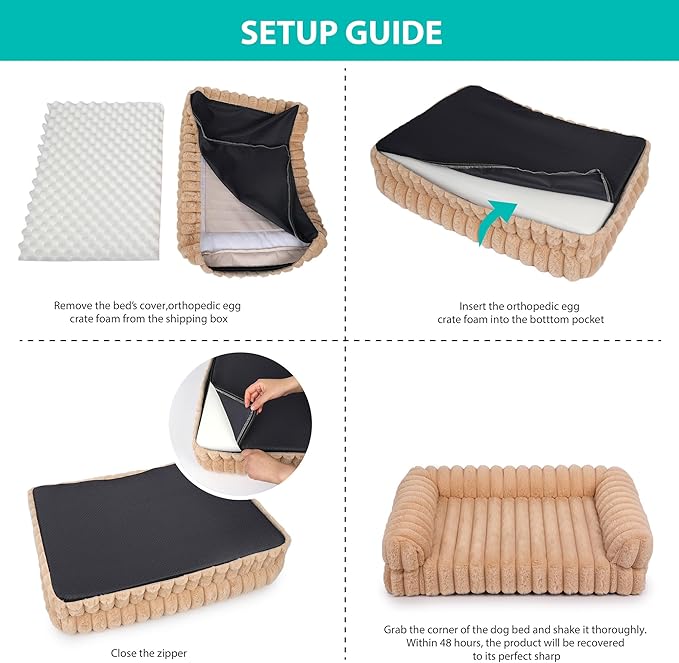 Thick Orthopedic Dog Bed for Large Dogs, Waterproof Supportive Foam Dog Sofa with Washable Cover, Faux Fur Comfy Bolster Couch Pet Beds with Nonskid Bottom (Beige, 36"x27")