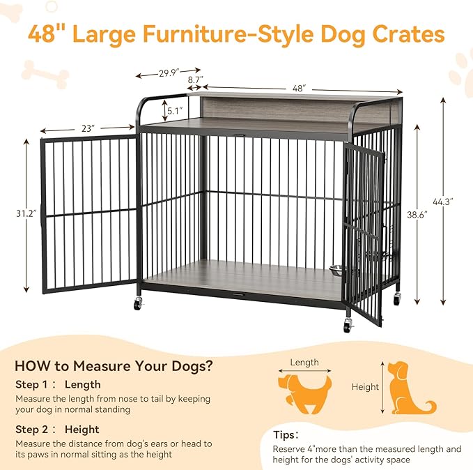 GAOMON 48" Dog Kennel Furniture for Large Dogs,Large Dog Crate, Wooden Heavy Duty, Dog Crate Indoor with Adjustable Height Bowls, 48" L X 29.9" W X 44.3" H,Grey