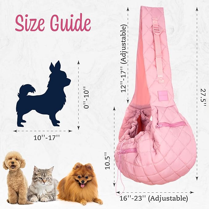 Dog and Cat Sling Carrier for Small Medium Puppy & Kitten Carrying, Wearable Crossbody Purse Bag with Adjustable Size and Shoulder Strap, Safety Clip, Two Zip Pockets (Pastel Pink)