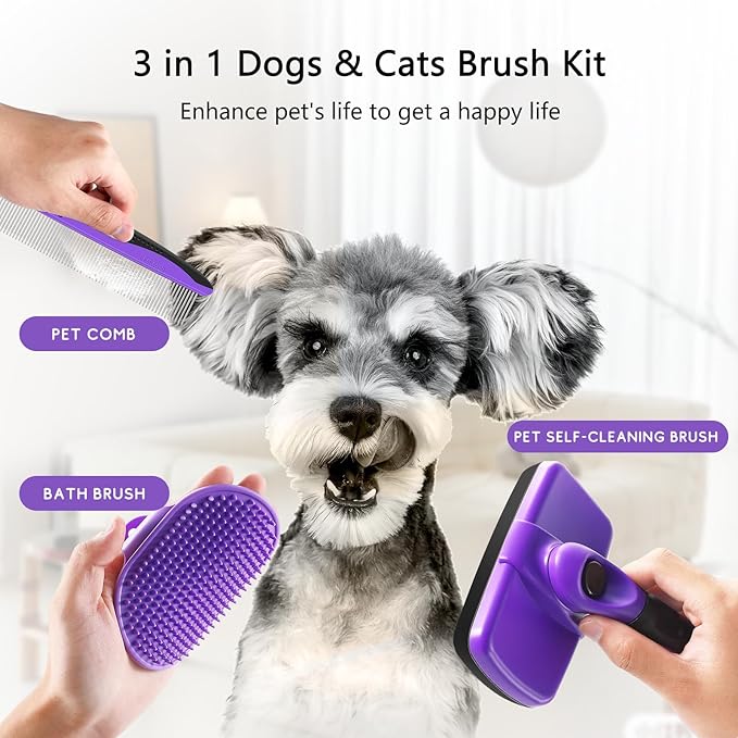 Dog Brush Kit – 3-in-1 Grooming Set with Self-Cleaning Slicker Brush for Small, Medium & Large Dogs & Cats, Suitable for Short & Long Haired Pets, Reduces Shedding, Tangles, Mats & Knots