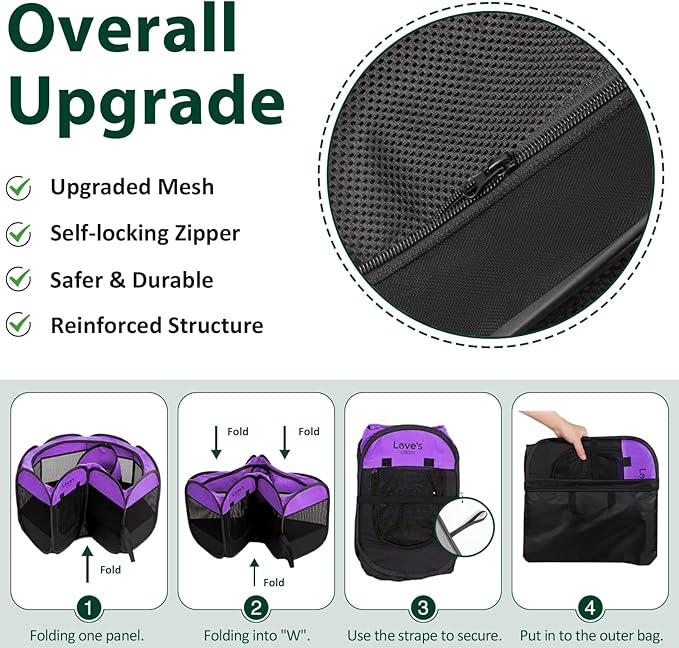 Love's Cabin Pet Puppy Playpen, Small Dog Tent Crate, Portable Foldable Dog Kennel with Carrying Case, Removable Zipper Top, Purple