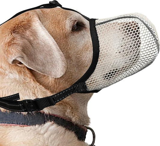 Dog Muzzle, Breathable Soft Muzzle for Large Dogs to Anti & Prevent Barking Biting Chewing, Reflective & Adjustable Basket Muzzle with Air Mesh for Doberman Beige XL