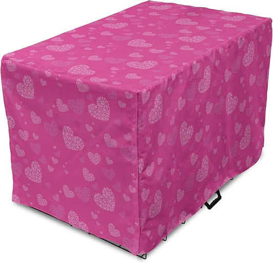 Lunarable Love Dog Crate Cover, Romantic Theme Abstract Heart Shapes Valentines Day 14th February Design, Easy to Use Pet Kennel Cover for Small Dogs Puppies Kittens, 18 Inch, Hot Pink