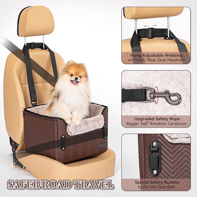 PETSFIT Car Seat for Dogs, Waterproof PU Leather Dog Car Seat for Small Dogs with Patented Safe Buckles, Clip-On Leash, Pet Travel Carrier Bed for Small Pets Up to 25lbs (Brown)