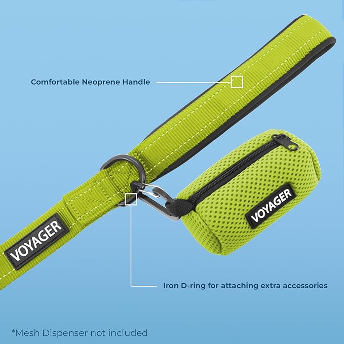 Voyager Reflective Dog Leash Collar Set with Neoprene Handle Supports Small, Medium, and Large Breed Puppies, Cute and Heavy Duty for Walking, Running, and Training - Lime Green, L