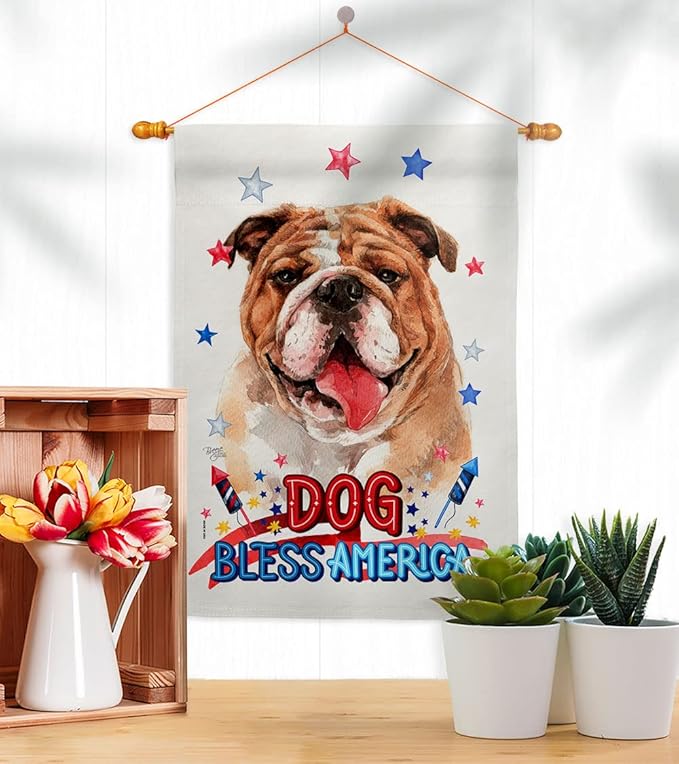 Breeze Decor Patriotic Bulldog House Flag Dowel Set Dog Puppy Spoiled Paw Canine Fur Pet Nature Farm Animal Creature Decoration Banner Small Garden Yard Gift Double-Sided, Made in USA