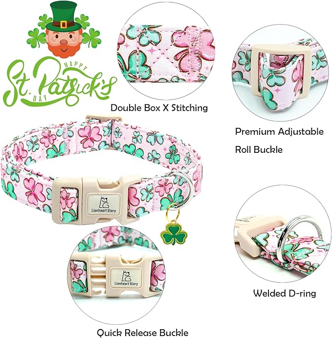 Lionheart glory St. Patrick's Day Dog Collar, Clover Collars Pink Dog Collar for Small Dogs Spring Female Dog Collar Adjustable Heavy-Duty Dog Collar Pet Gift Plastic Buckle
