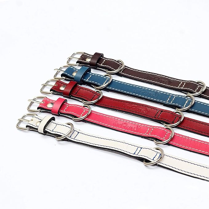 Premium Leather Collars with Stainless Steel Buckles (12"-15", Red)