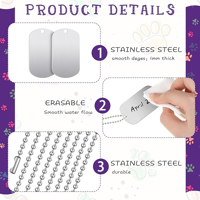Therwen 62 Pieces Military Dog Tags Necklace Set Including 30 Aluminum Blank Dog Tag 30 Ball Stainless Steel Beaded Necklaces and 2 Erasable Markers for DIY Crafts