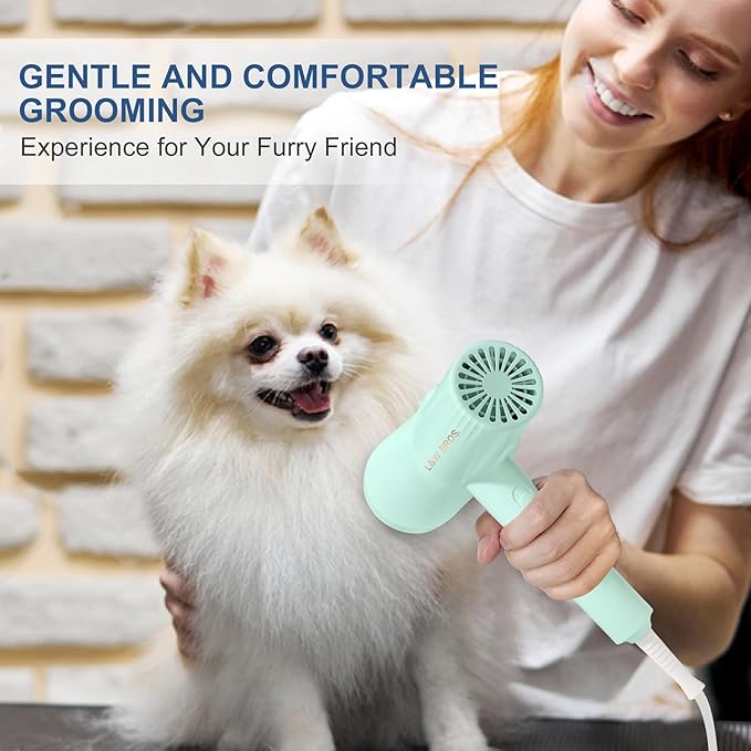 L&W BROS. Low Noise Pet Blow Dryer with Slicker Brush - Adjustable Temperature, Overheating Protection for Grooming (Light Blue)
