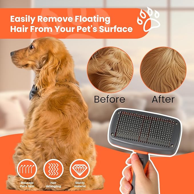 LION TAMER Self-Cleaning Slicker Brush for Dogs & Cats, Hair Brush for Pets, Deshedding Brush, Orange, Large