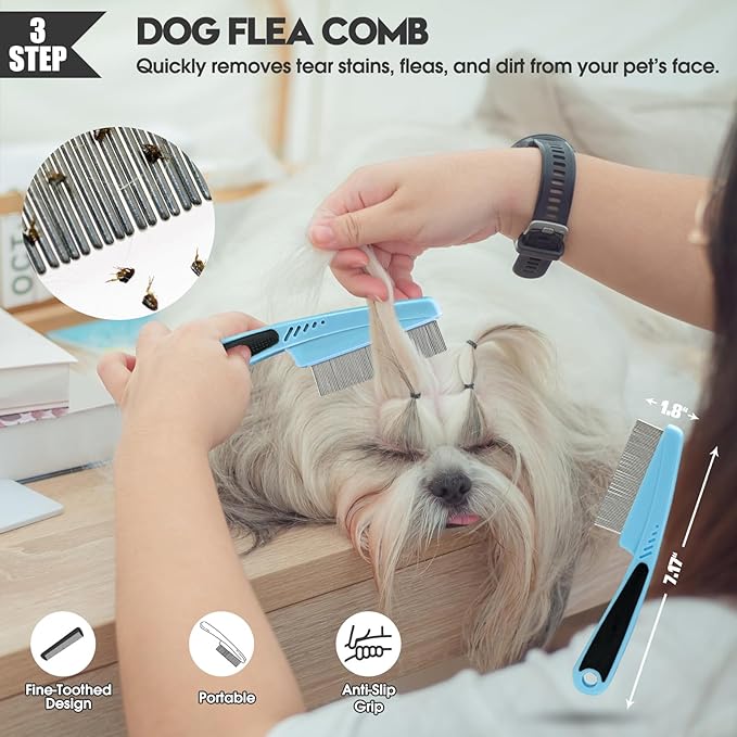 Dog slicker Brush for Dogs Grooming Kit 4PCS | Large Dog Brush for Goldendoodles Poodles Doodles | Long Pin Haired Brush | Dog Bath Brushes Flea Comb(Blue)