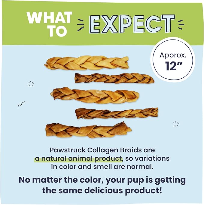 Pawstruck Natural Large 10-13” Beef Collagen Braids for Dogs - Healthy Long Lasting Alternative to Traditional Rawhide & Bully Sticks w/Chondroitin & Glucosamine - 3 Count - Packaging May Vary