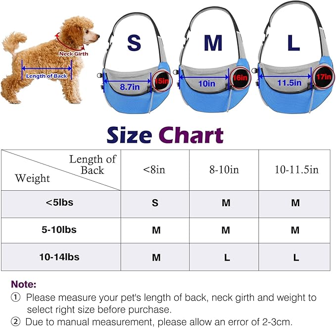 Pawaboo Pet Dog Sling Carrier, Hand Free Drawstring Dog Papoose with Adjustable Strap, Breathable Mesh Bag for Puppy Cat, Crossbody Satchel Dog Purse with Pocket for Outdoor Travel, Light Blue, Medium