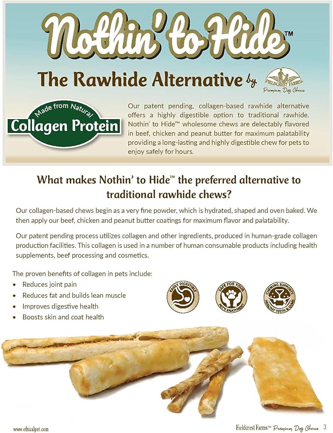 Fieldcrest Farms Nothing to Hide Natural Rawhide Alternative Large 10'' Rolls for Dogs - 3 Pack (6 Chews) Premium Grade Easily Digestible Chews - Great for Dental Health (Peanut Butter)