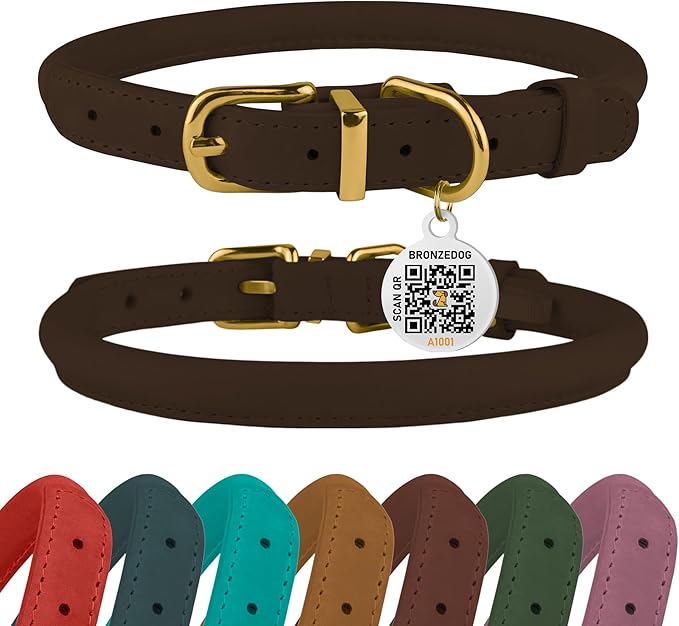 BRONZEDOG Rolled Leather Dog Collar with QR ID Tag Adjustable Soft Round Collars for Small Medium Large Dogs Puppy Cat (16" - 19" Neck Size, Brown)