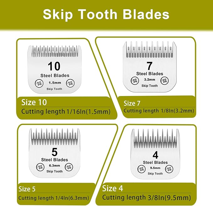 10+7+5+4 Skip Tooth Blades,Detachable Pet Dog Grooming Steel Blade Compatible with Oster A5,Wahl KM10 Series Clippers,Cut Length 1/8-Inch (3.2mm),4 Pack