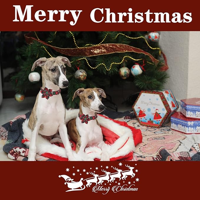 Unique style paws Christmas Dog Collar with Flower Tie Red Green Plaid Adjustable Cotton Puppy Collar for Small Medium Large Dogs-XL