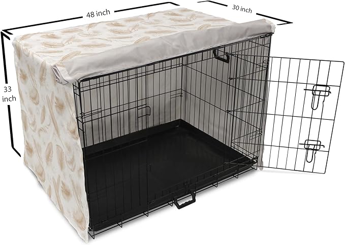 Lunarable Cream Dog Crate Cover, Fluffy Soft Flying Bird Feathers Hand Drawn Style Tender Nature Plumage Pattern, Easy to Use Pet Kennel Cover for Medium Large Dogs, 48 Inch, Pale Tan White