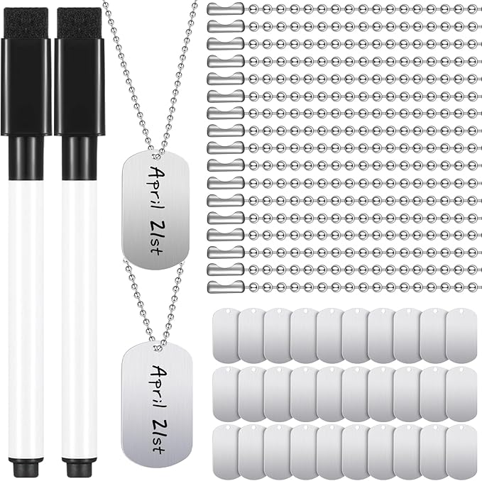 Therwen 62 Pieces Military Dog Tags Necklace Set Including 30 Aluminum Blank Dog Tag 30 Ball Stainless Steel Beaded Necklaces and 2 Erasable Markers for DIY Crafts
