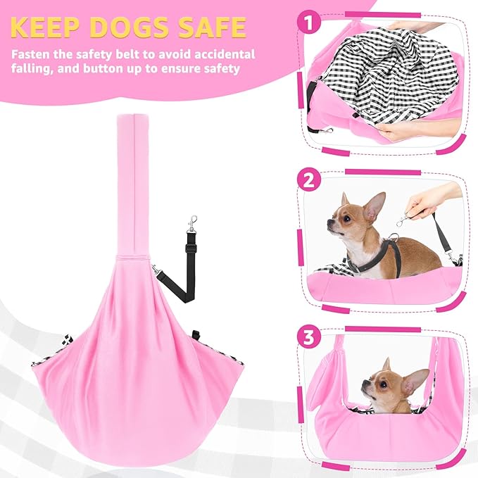 Lukovee Pet Sling, Hand Free Dog Sling Carrier Adjustable Padded Strap Tote Bag, Shoulder Bag with Safety Belt & Front Pocket for Small Dog Cat Puppy (Pink-WY,L)