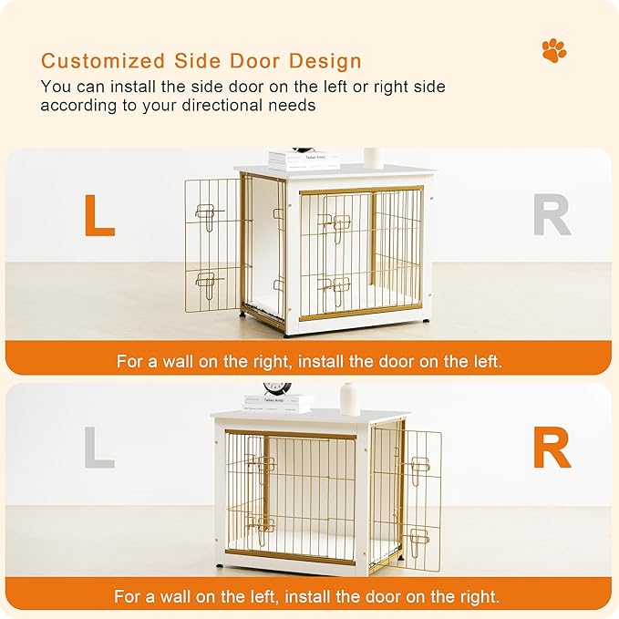 DWANTON Dog Crate Furniture with Cushion, Wooden Dog Crate Table, Double Doors Dog Furniture, Indoor Dog Kennel, Dog House, Dog Cage Medium, 32.5" L, White