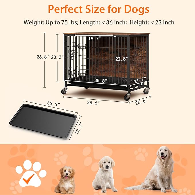 Dog Crate Furniture, 38.6" Wooden Dog Crate with Double Doors & Wheels, Upgraded Kennel End Table, Indoor Cage for Large Dog, Rustic Brown