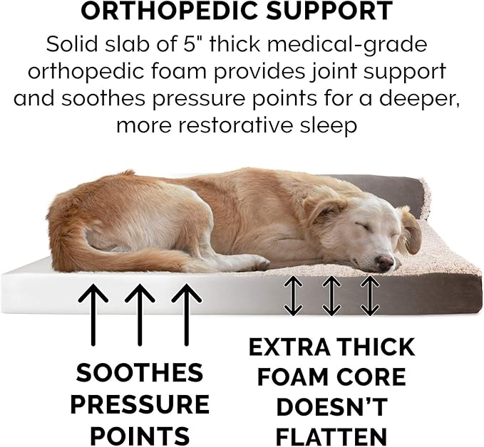 Furhaven Orthopedic Dog Bed for Large Dogs w/ Removable Bolsters & Washable Cover, For Dogs Up to 125 lbs - Two-Tone Plush Faux Fur & Suede L Shaped Chaise - Espresso, Jumbo Plus/XXL