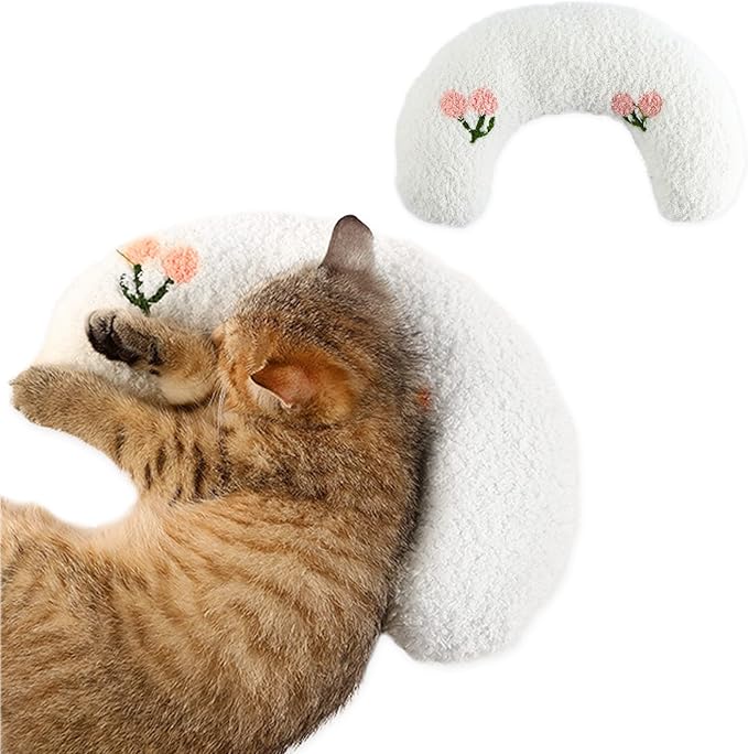 T'CHAQUE Dog Pillow Bed, Cat Calming Pillow, Dog Neck Pillow for Joint Relief Sleeping, Ultra Soft Half Donut Cuddler, Pillow Pet for Upper Spine Support, Doggy/Kitten Pillow Training Toy,White