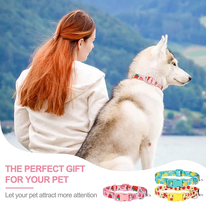 azuza 3 Pack Fruit Design Dog Collars Comfortable and Adjustable Nylon Dog Collars for Medium Dogs, M (14-20inch),Strawberry,Lemon and Cherry