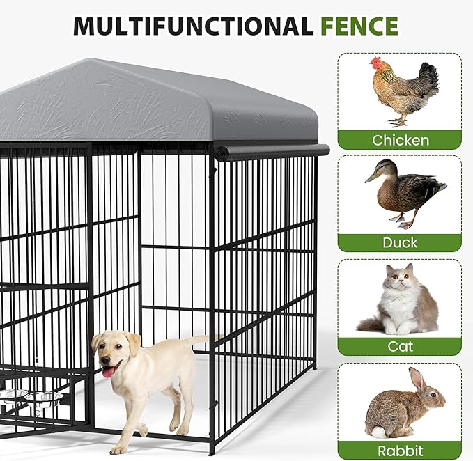 Rovibek Outdoor Dog Kennel with Roof, Dog Kennel Outside Heavy Duty Dog Playpen, Dog Run Enclosure with 2 Rotating Bowl & Sun-Proof Cover Dogs