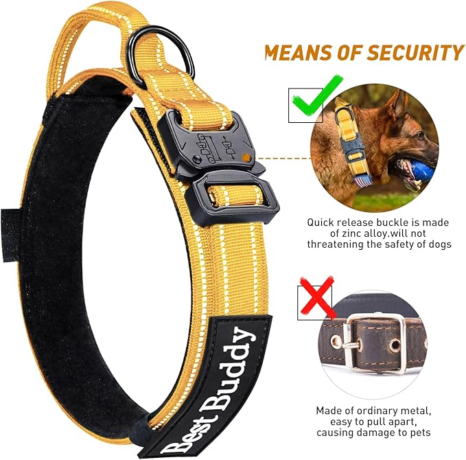 AUBELL Reflective Dog Collar, Tactical Dog Collar Military Dog Collar Adjustable Nylon Dog Collar with Handle and Quick Release Buckle for Medium Large Dogs, with Airtag Case and 2 Patches(Yellow, M)