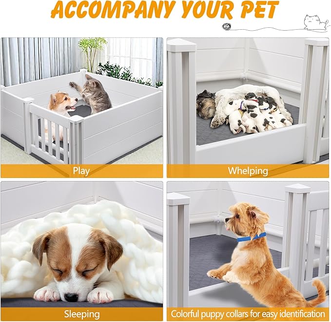 Whelping Box for Dogs and Puppies with Pig Rails and Waterproof Whelping Pad, 38×38×18in Puppies Playpen with Adjustable Height Door ID Collars for Medium Small Dogs
