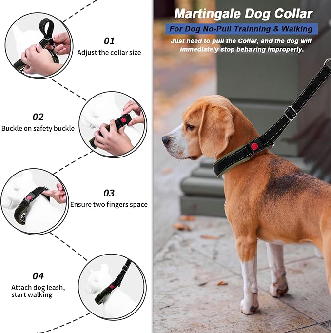 Martingale Collar for Dogs, Heavy Duty Nylon No Pull Dog Collar with Buckle, Adjustable Anti Pull Collar Reflective Slip Collar for Large Medium Small Dog Training Walking S Army Green