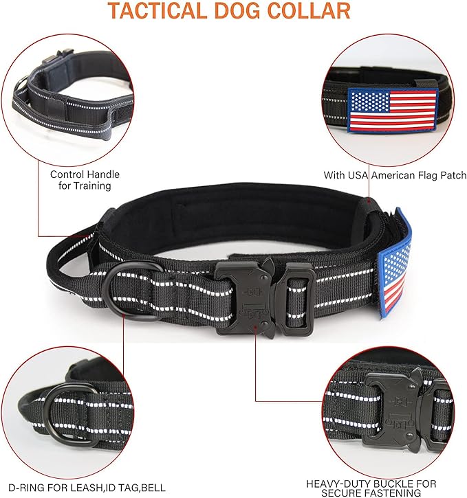 KCUCOP Tactical Dog Collar, Heavy Duty Dog Collar with Handle and Metal Buckle, Military Thick Dog Collars for Medium and Large Dogs(Black-L-Reflective, 1 Patch)