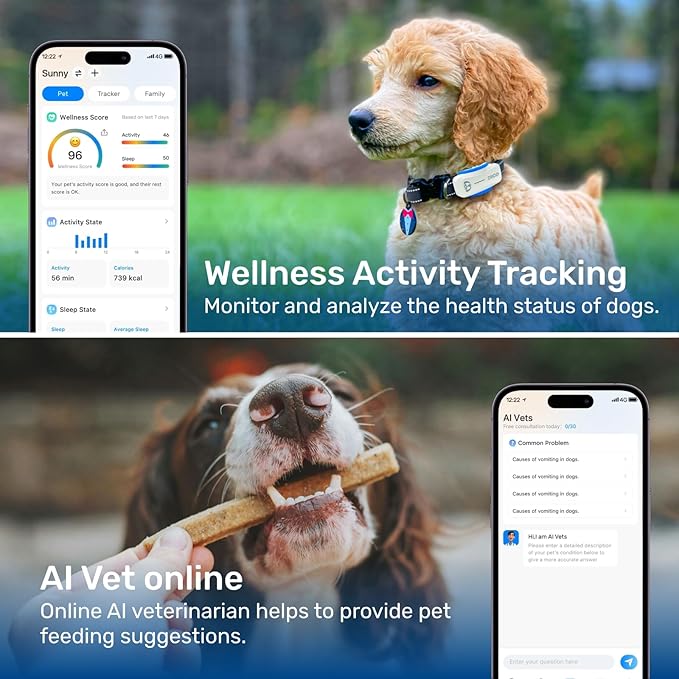 AI GPS Tracker for Dogs (30lbs+), Real Time Location and AI Vet Health Management, Electronic Fence, Waterproof, iOS and Android Universal(White)