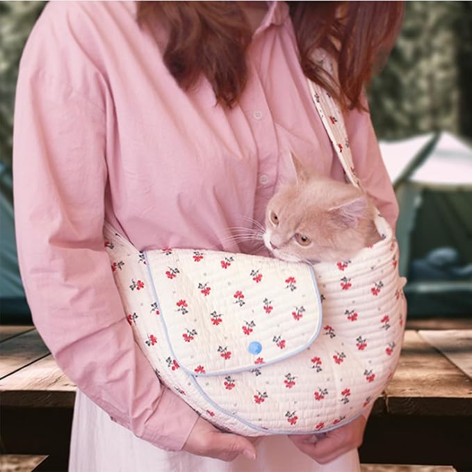 Floral Pet Carrier Sling, Breathable Cotton Dog Purse Carrier, Hand-Free Travel Puppy Purse for Small Dog 3-10 lbs,Cat Purse Carrier, Cat Sling Chest, Small Dog Sling Carrier(White, Large)